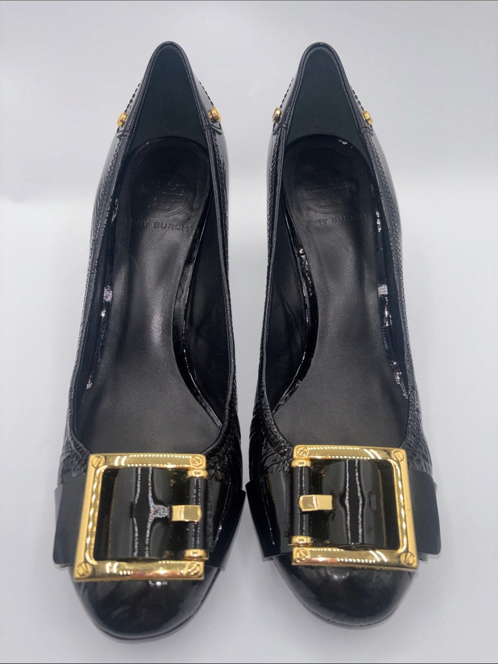 Tory Burch Black Patent Leather Pumps with Gold Buckle